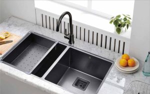 Black Stainless Steel 3/4 Radius 50/50 Square Drain Kitchen Sink